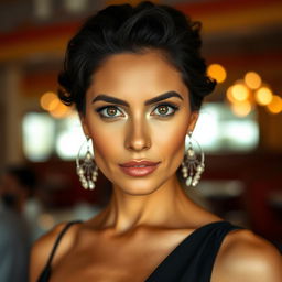 A 35-year-old woman with dark hair and tanned skin, possessing expressive eyes that reflect her Latin heritage