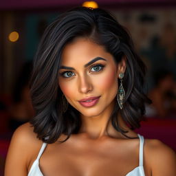 A 35-year-old woman with dark hair and tanned skin, possessing expressive eyes that reflect her Latin heritage