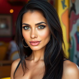 A 35-year-old woman with dark hair and tanned skin, possessing expressive eyes that reflect her Latin heritage