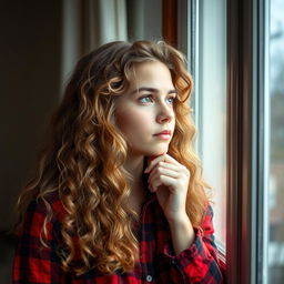 A thoughtful image of a young woman with long, light brown curly hair, gazing pensively out of a window