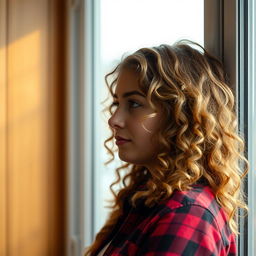 A thoughtful image of a young woman with long, light brown curly hair, gazing pensively out of a window