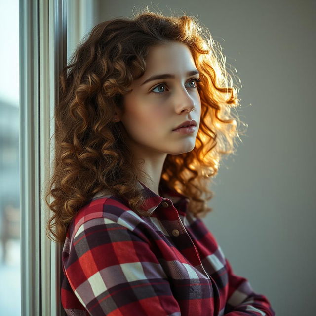 A thoughtful image of a young woman with long, light brown curly hair, gazing pensively out of a window