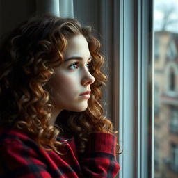 A thoughtful image of a young woman with long, light brown curly hair, gazing pensively out of a window