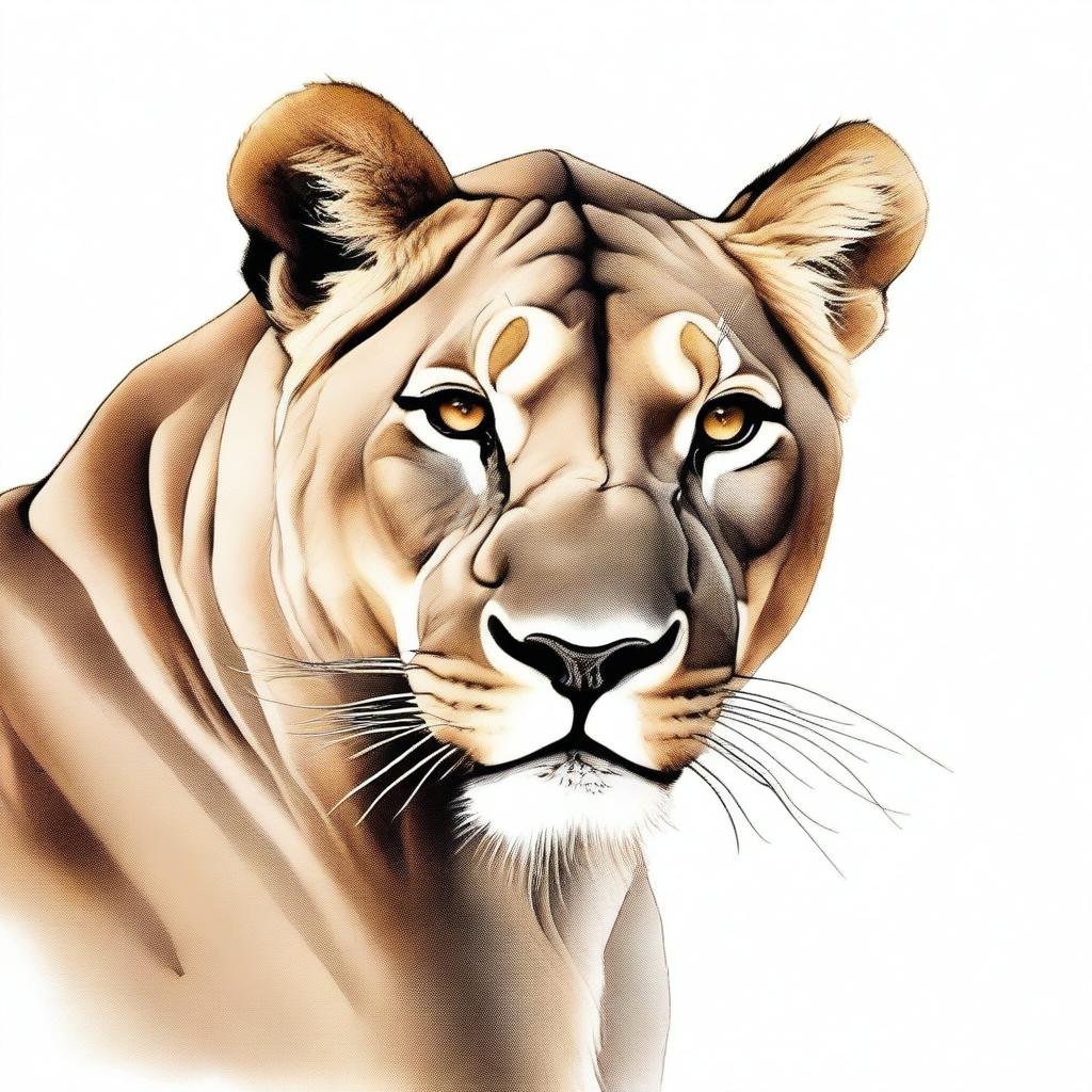 Full color illustration of a highly detailed, full-bodied aggressive lioness against a stark white background.