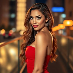 A beautiful, confident woman exuding allure and charm, dressed in a stunning, form-fitting red dress that hugs her curves perfectly