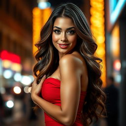A beautiful, confident woman exuding allure and charm, dressed in a stunning, form-fitting red dress that hugs her curves perfectly