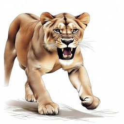 Full color illustration of a highly detailed, full-bodied aggressive lioness against a stark white background.