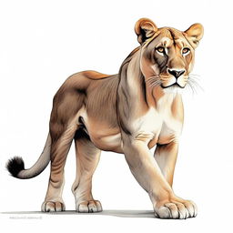 Full color illustration of a highly detailed, full-bodied aggressive lioness against a stark white background.