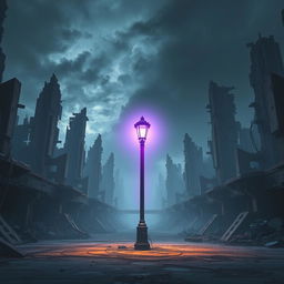 A solitary lamp post emanating a soft purple glow, standing in the center of a dystopian cityscape