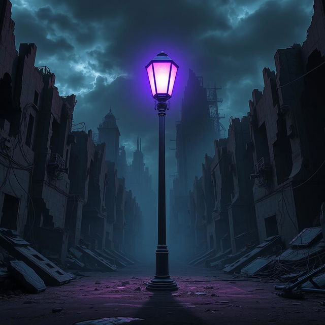 A solitary lamp post emanating a soft purple glow, standing in the center of a dystopian cityscape