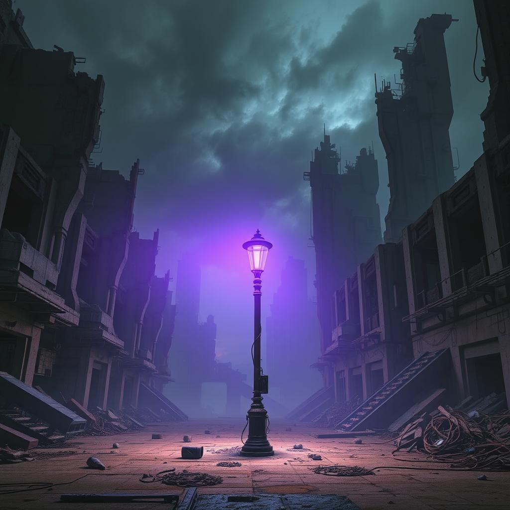 A solitary lamp post emanating a soft purple glow, standing in the center of a dystopian cityscape