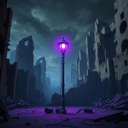 A solitary lamp post emanating a soft purple glow, standing in the center of a dystopian cityscape