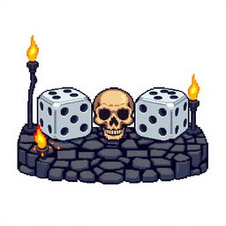 A pixel art design depicting a dungeon-themed video game piece that can accommodate five D6 dice
