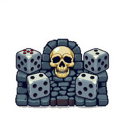 A pixel art design depicting a dungeon-themed video game piece that can accommodate five D6 dice