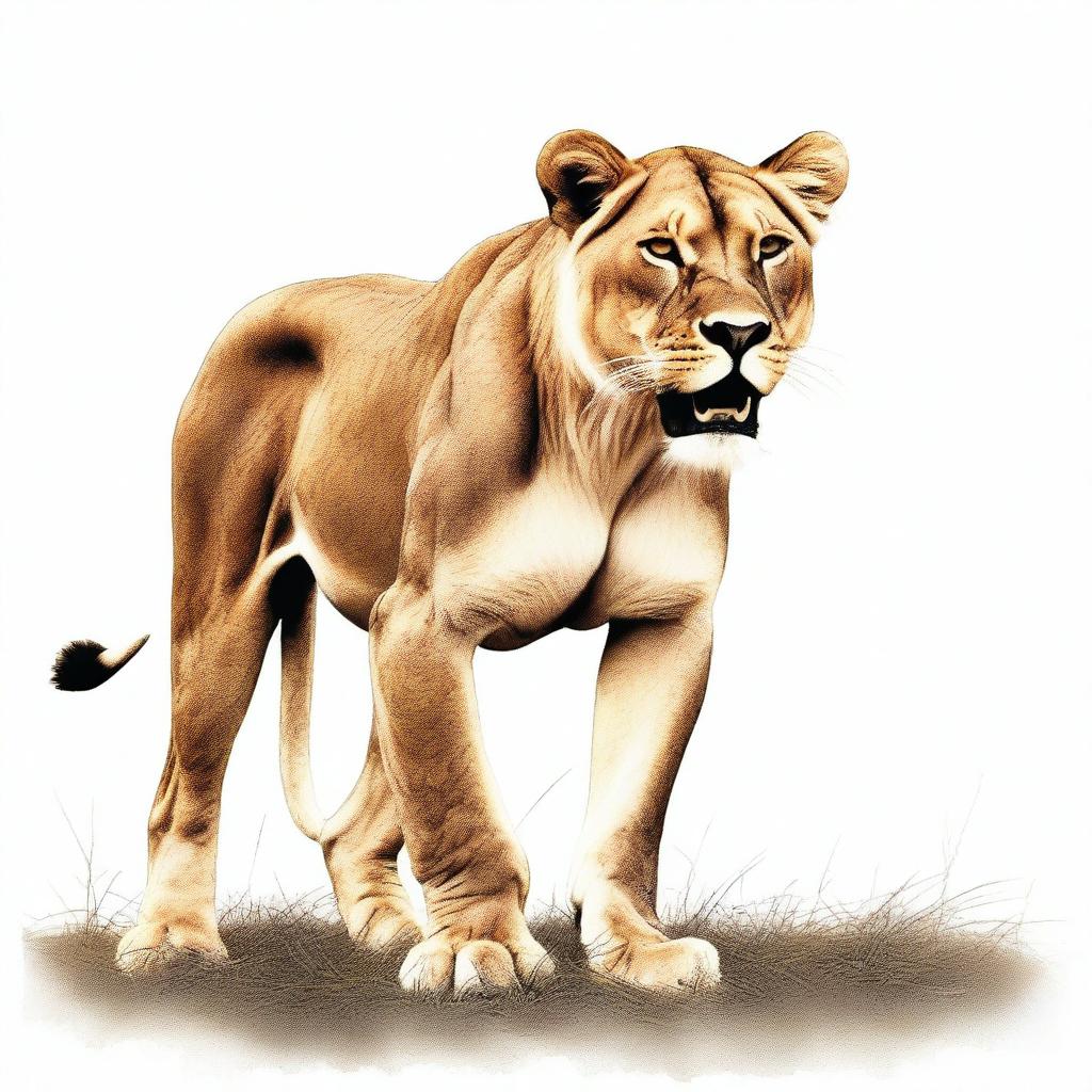 Full color illustration of a highly detailed, full-bodied aggressive lioness against a stark white background.