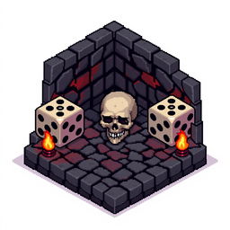 A pixel art design depicting a dungeon-themed video game piece that can accommodate five D6 dice