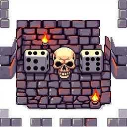 A pixel art design depicting a dungeon-themed video game piece that can accommodate five D6 dice