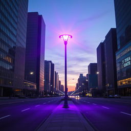 A lone lamp post casting a radiant purple light, positioned at the center of an empty city