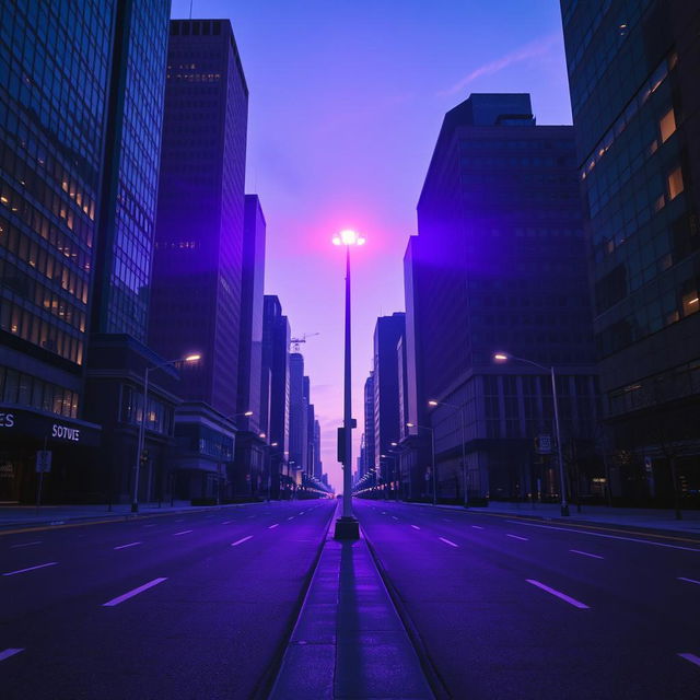 A lone lamp post casting a radiant purple light, positioned at the center of an empty city