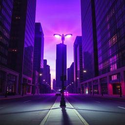 A lone lamp post casting a radiant purple light, positioned at the center of an empty city