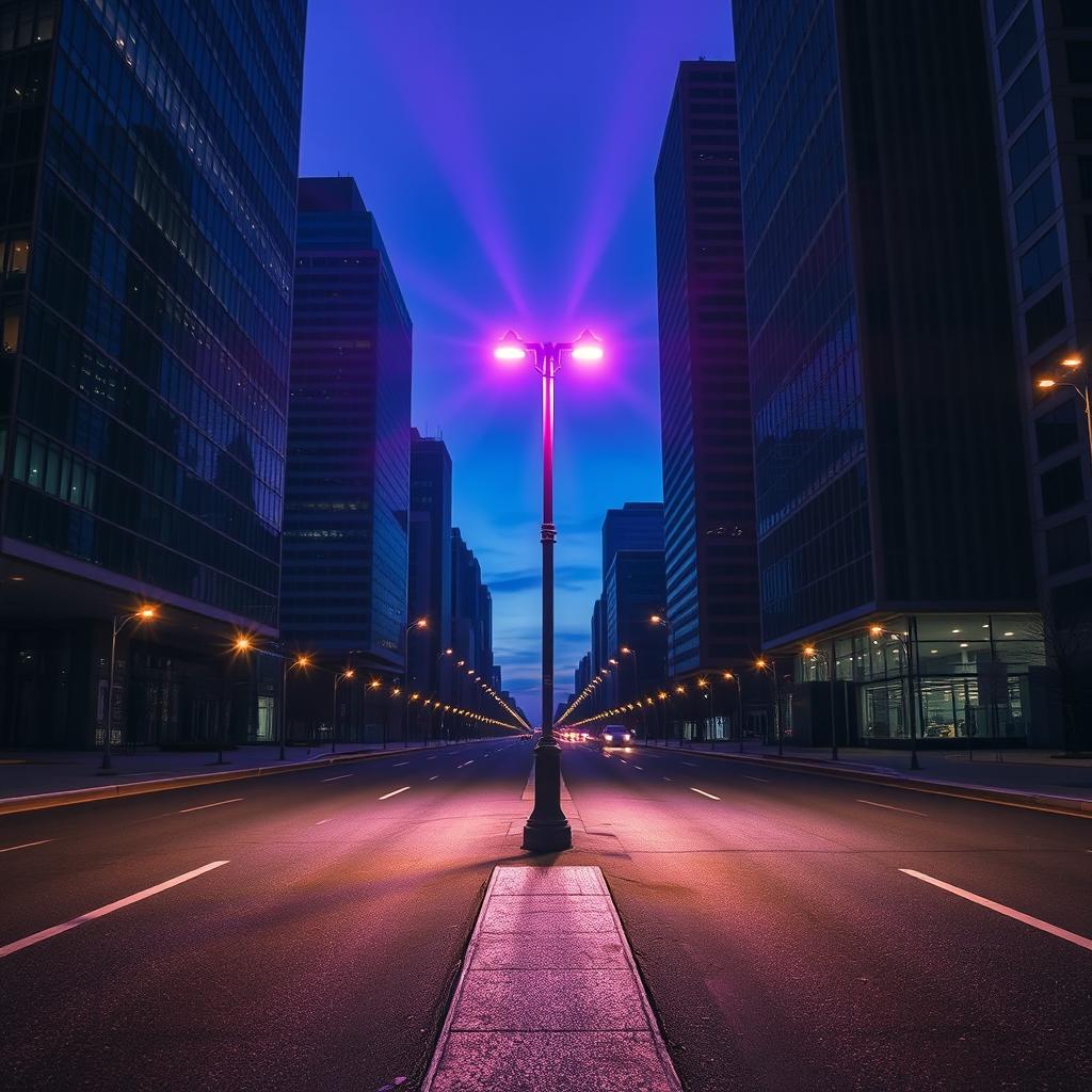 A lone lamp post casting a radiant purple light, positioned at the center of an empty city