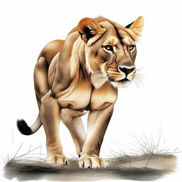 Full color illustration of a highly detailed, full-bodied aggressive lioness against a stark white background.