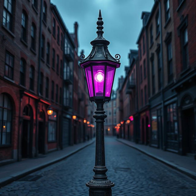 An old-fashioned lamp post casting a gentle purple light in the center of a deserted city