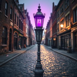 An old-fashioned lamp post casting a gentle purple light in the center of a deserted city