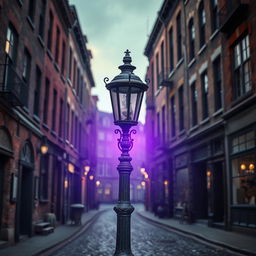 An old-fashioned lamp post casting a gentle purple light in the center of a deserted city