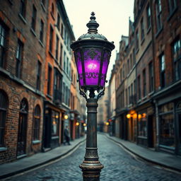 An old-fashioned lamp post casting a gentle purple light in the center of a deserted city