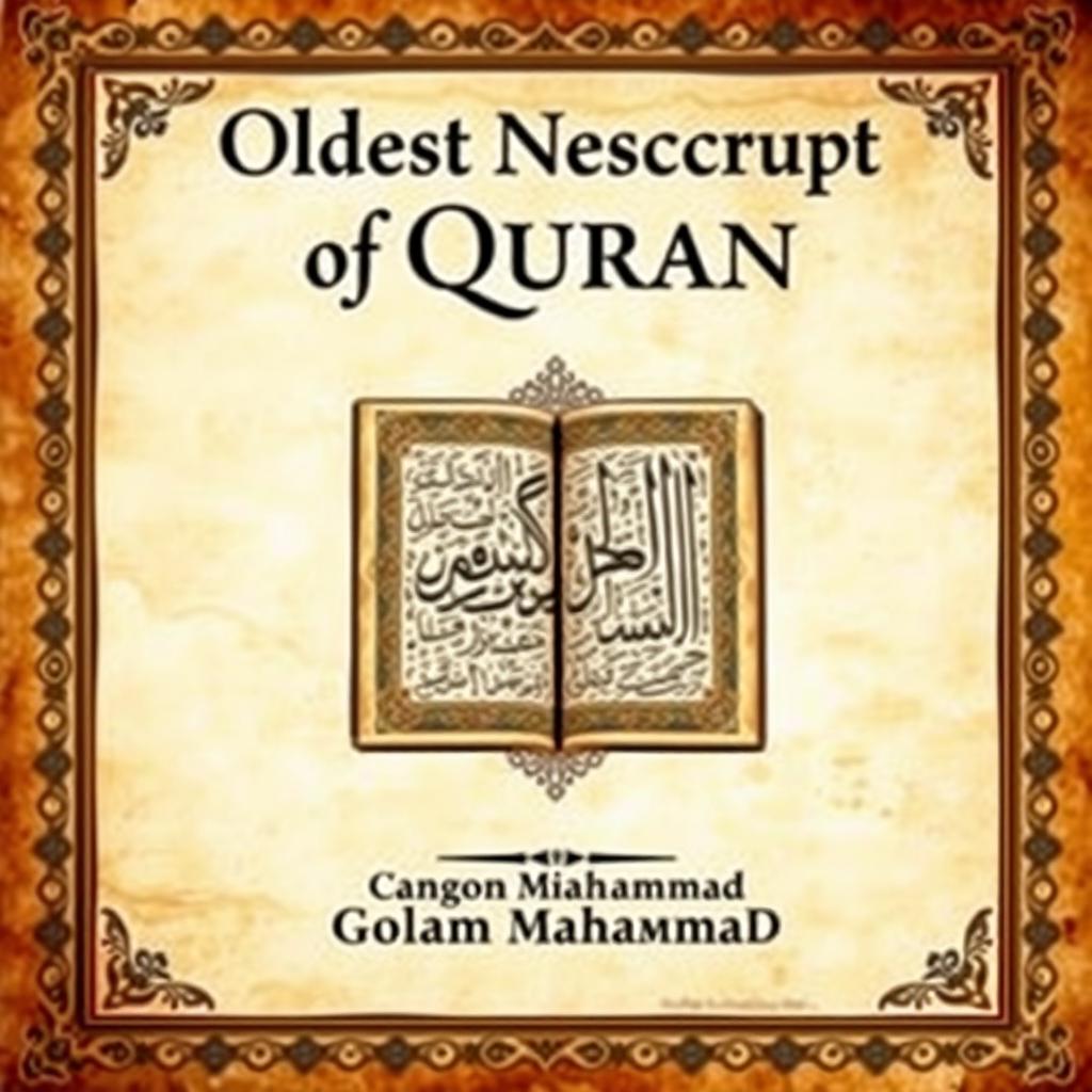 A captivating book cover for a historical book titled 'Oldest Manuscript of Quran' by Golam Mahammad