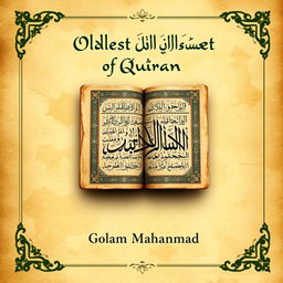 A captivating book cover for a historical book titled 'Oldest Manuscript of Quran' by Golam Mahammad