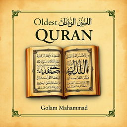 A captivating book cover for a historical book titled 'Oldest Manuscript of Quran' by Golam Mahammad