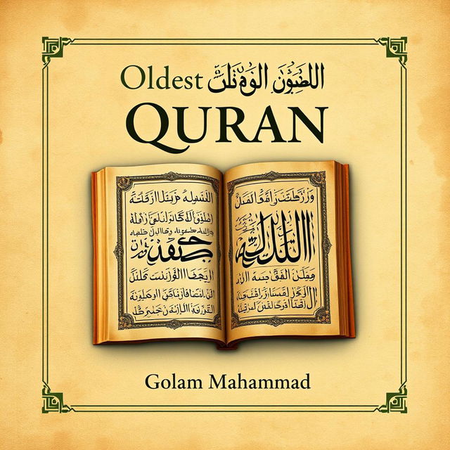 A captivating book cover for a historical book titled 'Oldest Manuscript of Quran' by Golam Mahammad