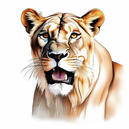 Full color illustration of a highly detailed, full-bodied aggressive lioness against a stark white background.