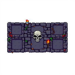 A pixel art design featuring a dungeon-themed video game piece that includes five square-shaped slots for placing tiles or items