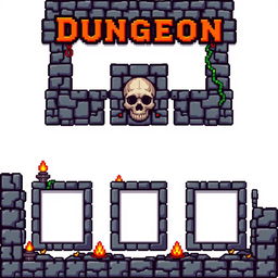 A pixel art design featuring a dungeon-themed video game piece that includes five square-shaped slots for placing tiles or items