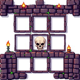 A pixel art design featuring a dungeon-themed video game piece that includes five square-shaped slots for placing tiles or items