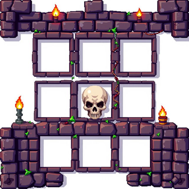 A pixel art design featuring a dungeon-themed video game piece that includes five square-shaped slots for placing tiles or items