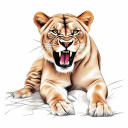 Full color illustration of a highly detailed, full-bodied aggressive lioness against a stark white background.