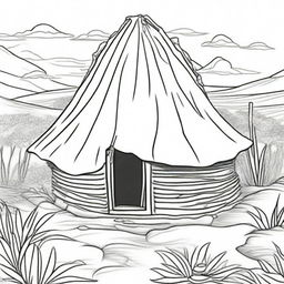 Illustration of a traditional African hut situated on a mountain in Africa.