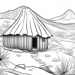 Illustration of a traditional African hut situated on a mountain in Africa.