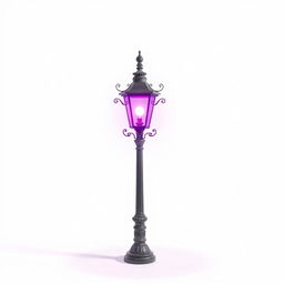 An old-fashioned lamp post standing alone, emitting a vibrant purple light against a pure white background
