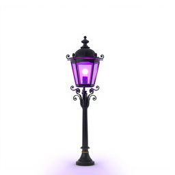 An old-fashioned lamp post standing alone, emitting a vibrant purple light against a pure white background