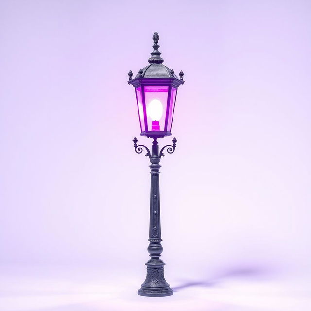 An old-fashioned lamp post standing alone, emitting a vibrant purple light against a pure white background