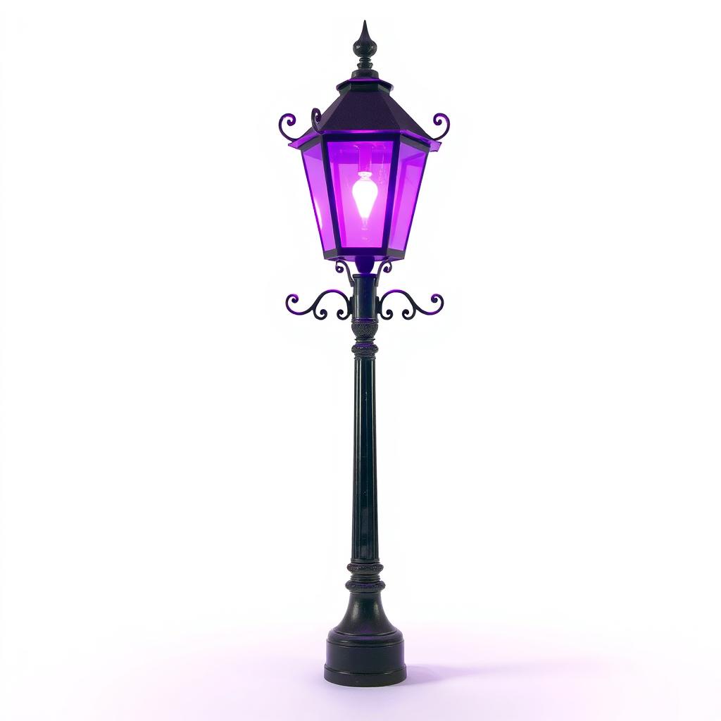 An old-fashioned lamp post standing alone, emitting a vibrant purple light against a pure white background