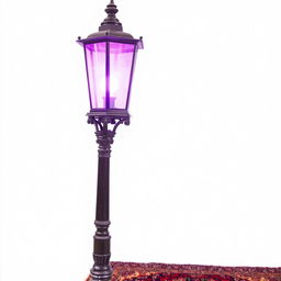 An old-fashioned lamp post emitting a vibrant purple light, positioned above a richly patterned Persian rug