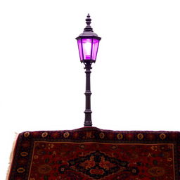 An old-fashioned lamp post emitting a vibrant purple light, positioned above a richly patterned Persian rug