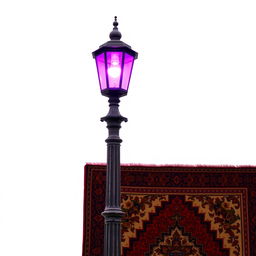 An old-fashioned lamp post emitting a vibrant purple light, positioned above a richly patterned Persian rug