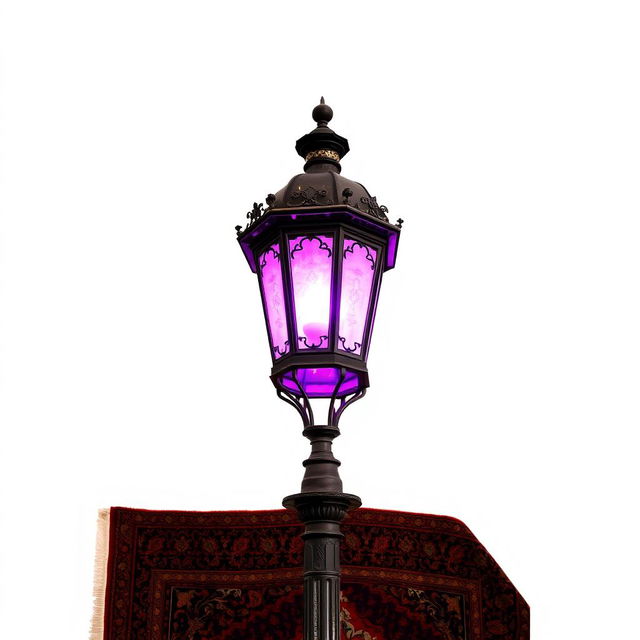 An old-fashioned lamp post emitting a vibrant purple light, positioned above a richly patterned Persian rug